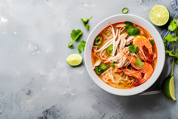Authentic Sarawak Laksa Served in White Bowl with Lime Garnish
