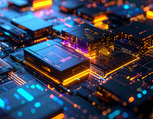 Fototapeta premium Neon Glitch Art Close-Up of a Digital Microchip with Pixel Effects