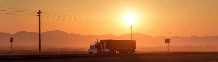 Truck on Road at Sunset with Mountains and Power Lines in Background