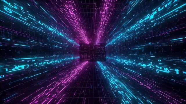 Digital data tunnel, vibrant neon glow