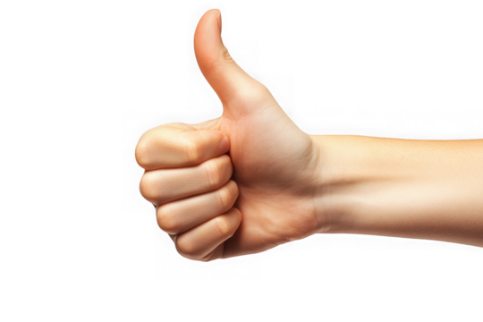 Realistic thumb up gesture hand sign illustration, approval symbol, positive feedback concept, human hand isolated on transparent background