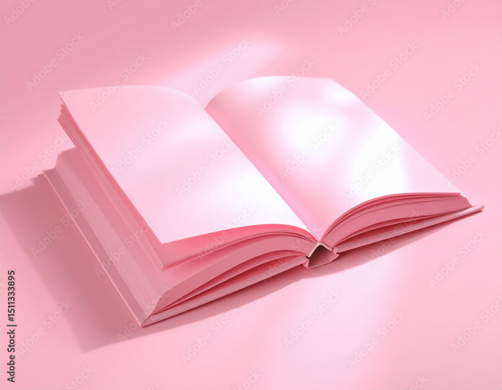 Poster soft glow emanates from within, illuminating pages of delicate blush pink book resting on smooth sur