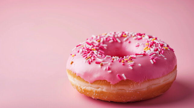 Sprinkled Pink Donut. Pink frosted sprinkled donut on pink background