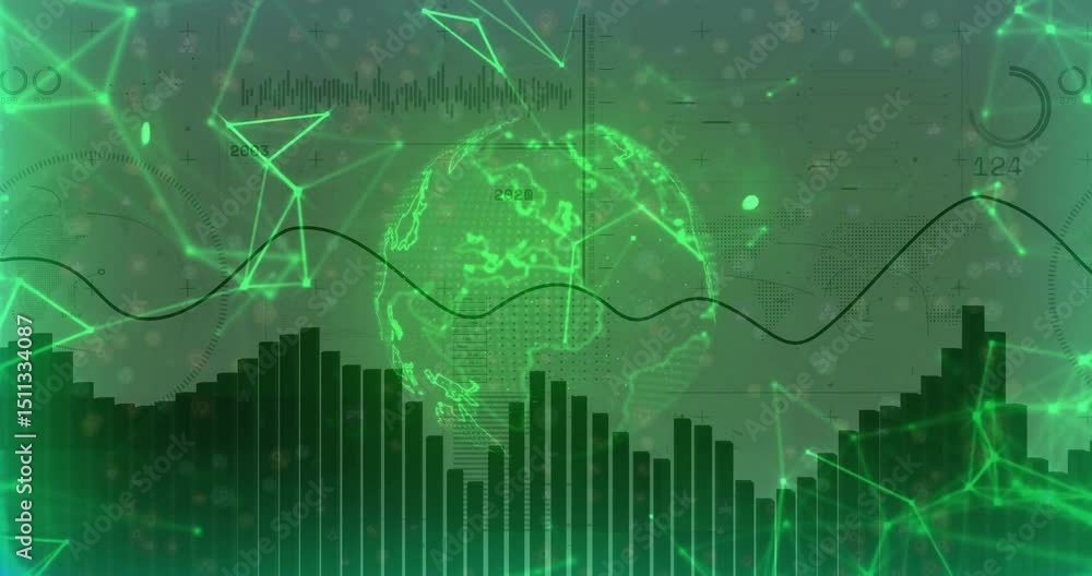 Poster on load, wireframe globe rotating bar chart rising and wave line sweeping visualizing data