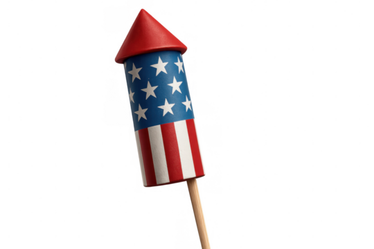 Sparkling firework rocket bearing american flag colors, soaring against transparent backdrop for patriotic digital design needs