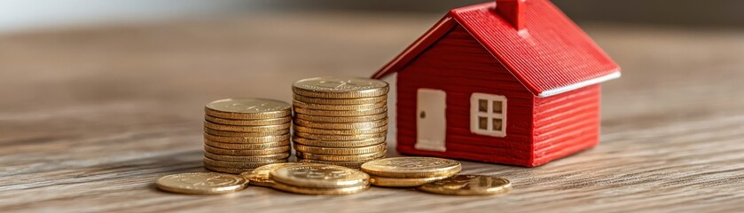 Model house and stacked coins representing real estate investment