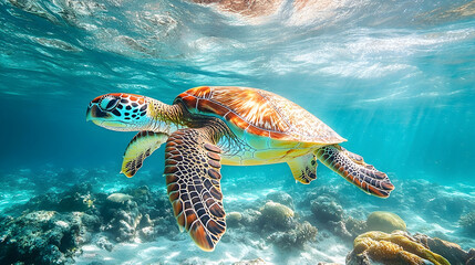 Fototapeta premium Vibrant sea turtle swims amidst a coral reef.