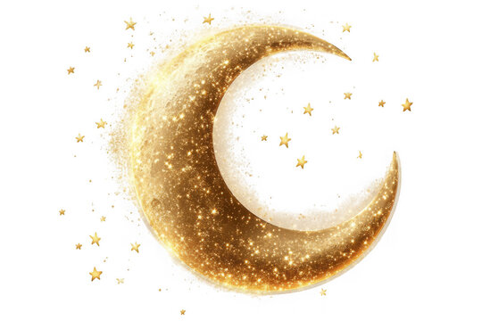 Golden crescent moon with sparkling stars illustration, ramadan kareem design element, celestial night sky, isolated on transparent background - Powered by Adobe