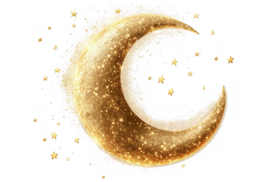Golden crescent moon with sparkling stars illustration, ramadan kareem design element, celestial night sky, isolated on transparent background