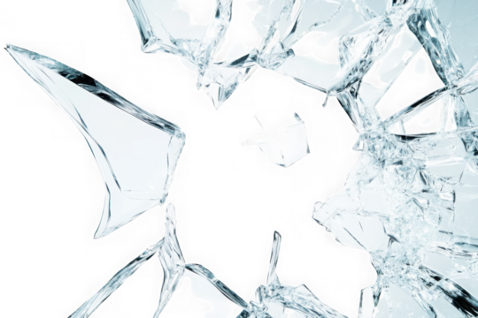 Shattered glass pieces texture, broken window effect, realistic glass shards, transparent elements, damage, crash, fracture, isolated design element isolated on transparent background