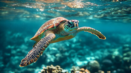 Obraz premium Colorful sea turtle gracefully swimming in the ocean depths.