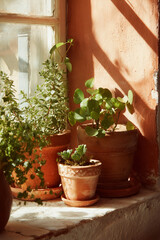 Assorted potted plants on a windowsill with sunlight streaming through a nearby window casting shadows