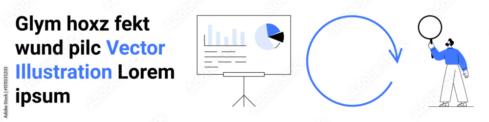 Poster presentation board with data, circular arrow representing process, person holding speech bubble. ide