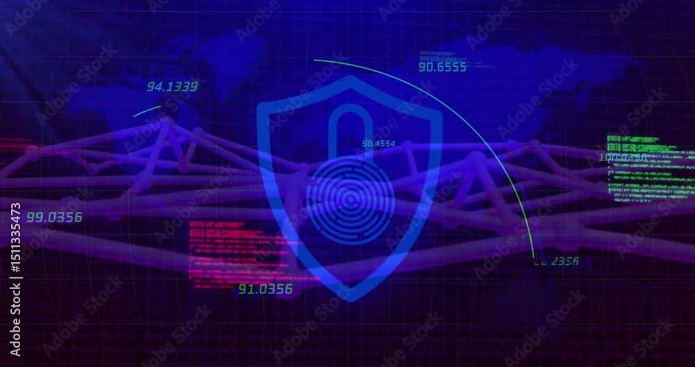 Poster on detecting threat shield pulsing with neon arcs circling over rotating network ensuring security