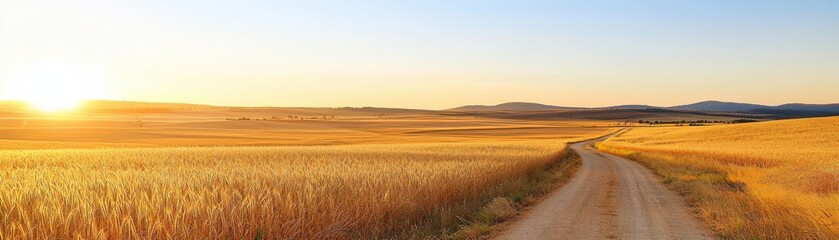 Obraz premium Serene Dirt Path Through Golden Wheat Fields at Sunset in Nature
