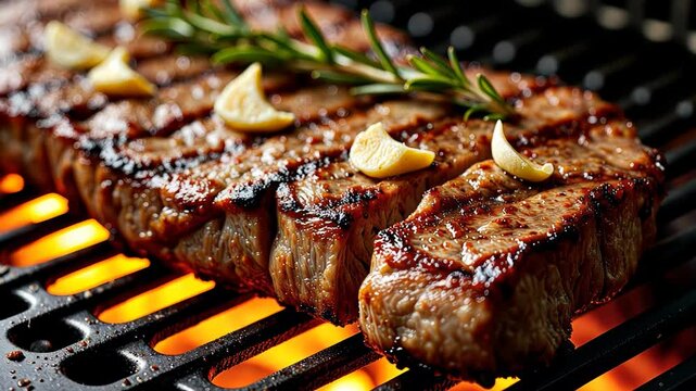 Grilled steak with rosemary and garlic on a barbecue grill  
