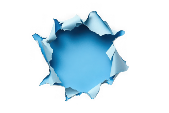 Torn paper hole texture background effect design element graphic resource sky blue isolated on transparent background