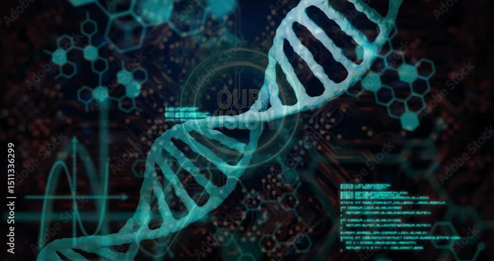 Poster Glowing turquoise DNA helix initiating scrolling code and hexagons pulsing UI visualizing data