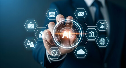 A businessman interacts with a futuristic AI interface, showcasing data, security, and communication integration.  The image represents the transformative power of AI in modern business.