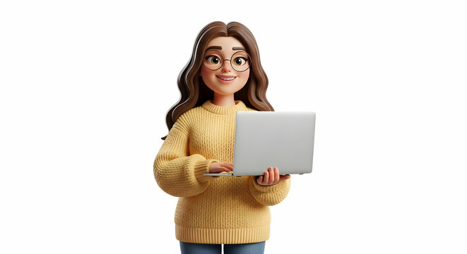 A cheerful 3D-rendered woman with long brown hair, wearing glasses and a yellow sweater, uses a laptop.  She looks happy and engaged in her work.