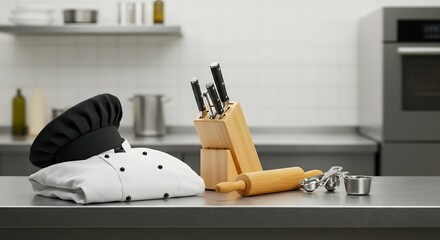 Professional chef uniform with essential culinary tools, including a knife set and rolling pin, displayed on a stainless steel counter in a modern kitchen.