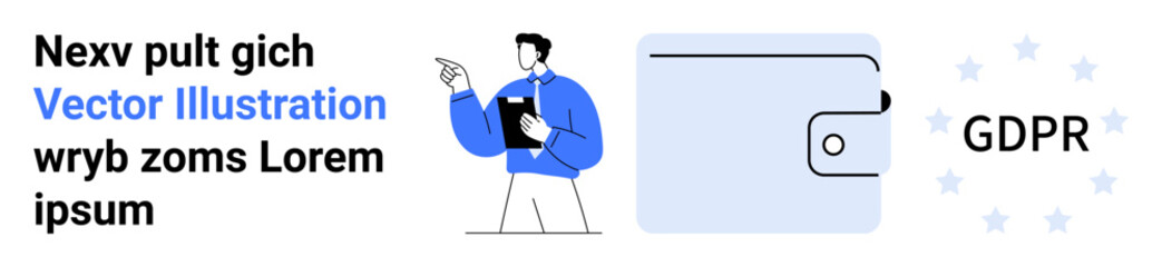 Businessman holding clipboard while pointing at a wallet icon next to GDPR compliance stars. Ideal for data privacy, regulations, finance, legal concepts, security, e-commerce, simple landing page