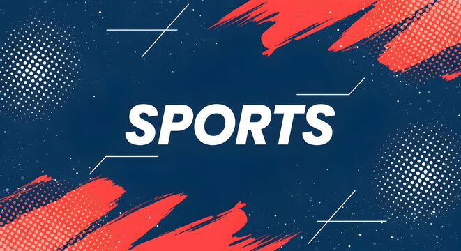 Abstract sports banner featuring bold red brush strokes, halftone patterns, and a prominent 'SPORTS' title against a dark blue backdrop.  Modern and energetic design.