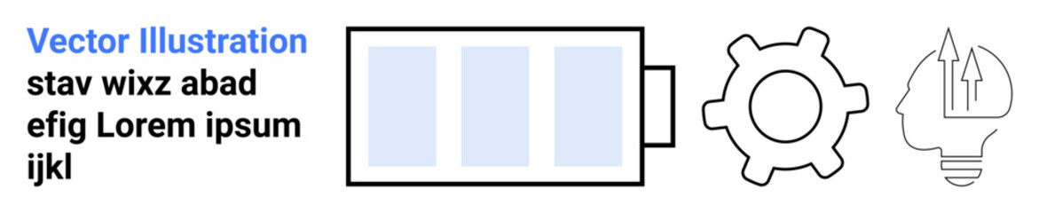 Battery icon with three cells, gear for mechanism or process, and lightbulb symbolizing idea, invention, or energy. Ideal for innovation, energy solutions, technology, productivity engineering