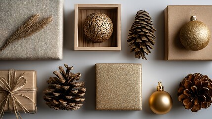 flat lay, kraft packages, pinecones, gold ornaments, clean surface with subtle reflections, space reserved for text