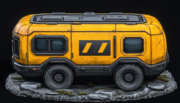 Yellow futuristic van on rocky base