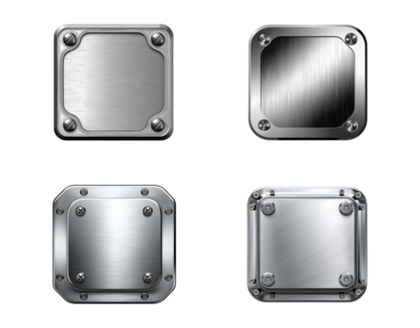 Four silver steel plates with different shapes, aluminum plate on transparent background