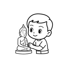 Boy paying homage to Buddha statue in white clothes cartoon character