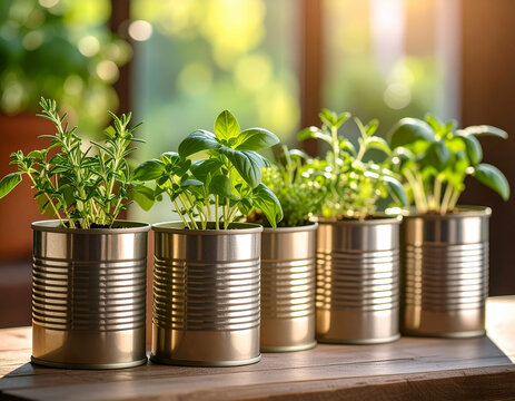 Indoor Herb Garden Growing Fresh Herbs in Repurposed Tin Cans - Powered by Adobe