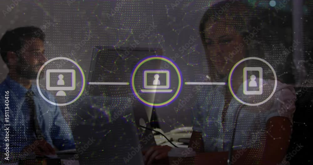 Poster business colleagues initiating overlay with pulsing monitor mobile icons while typing and calling