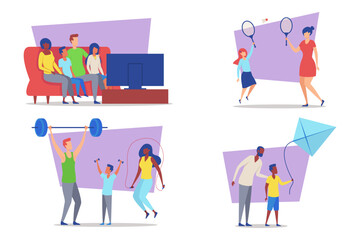 Fototapeta premium Families enjoying quality time together engaging in various activities including watching TV, playing sports, and exercising. Connection and healthy habits concept