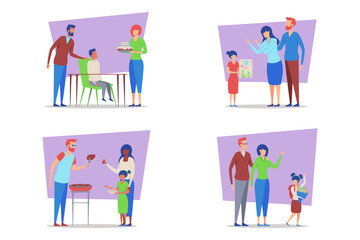 Fototapeta premium Collection of various family activities, including celebrating birthdays, sharing art, cooking together, and enjoying playful interactions. Strong bonds and love concept