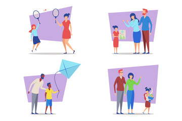 Fototapeta premium Vibrant collection of family activities with joyful moments. Family members engaged in tennis, crafts, kite flying, and cheerful interactions. Togetherness and bonding concept