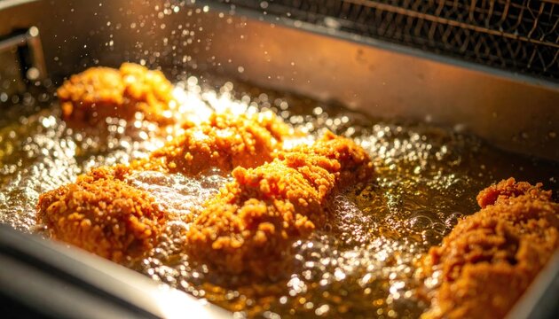 Crispy golden fried chicken cooking in hot bubbling oil in a deep fryer