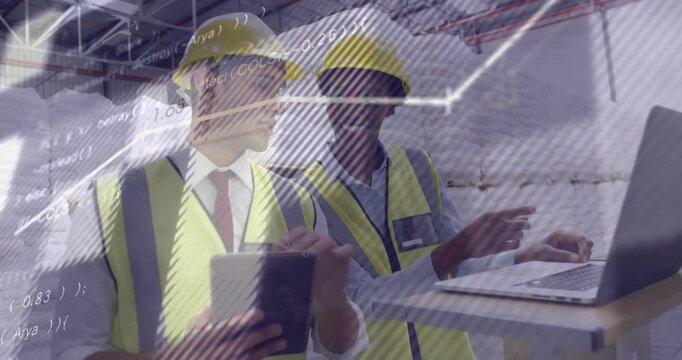 Woman pointing at laptop initiating data review, man scrolling animated charts in warehouse - Powered by Adobe