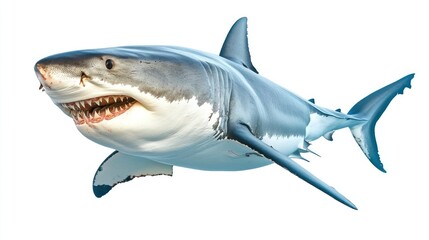 Fototapeta premium Great White Shark Isolated, Powerful Marine Predator, Oceanic Creature, Stock Photo
