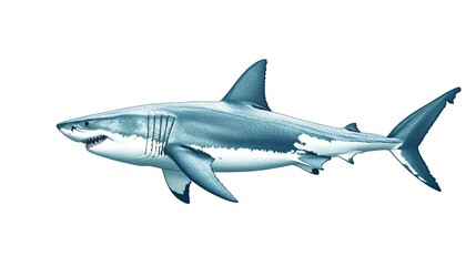 Fototapeta premium Great White Shark Profile Against White Background