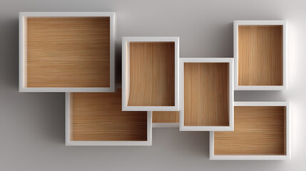 A wooden shelf with six boxes on it