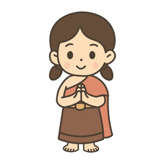 Cute style Thai kids in traditional costume cartoon illustration