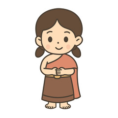 Cute style Thai kids in traditional costume cartoon illustration
