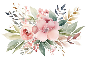 Elegant Watercolor Floral Arrangement: Pink Roses & Greenery for Wedding Invitations & Branding isolated on transparent background png