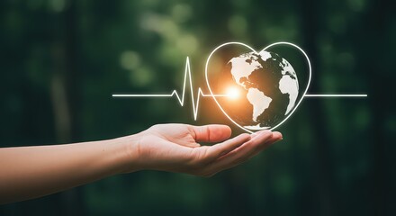 Hand holding earth globe inside heart shape with heartbeat line on a blurred green background