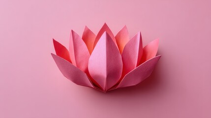 Pink origami lotus in soft bloom with radiating petals on pastel background, peaceful floral design Image 4K UHD