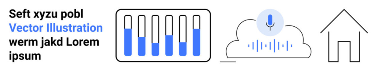 Bar chart, cloud with mic, and simple house outline showcasing data, audio cloud storage, and minimalism. Ideal for tech, analytics, cloud computing, home design innovation digital content simple