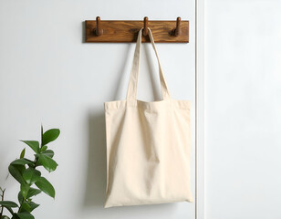 Neutral Linen Tote Bag Hanging on a Wooden Wall Hook Simple Home Organization