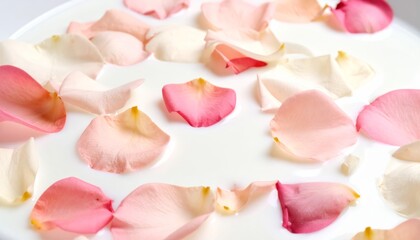 Delicate pink rose petals on white evoke floral beauty and spring romance